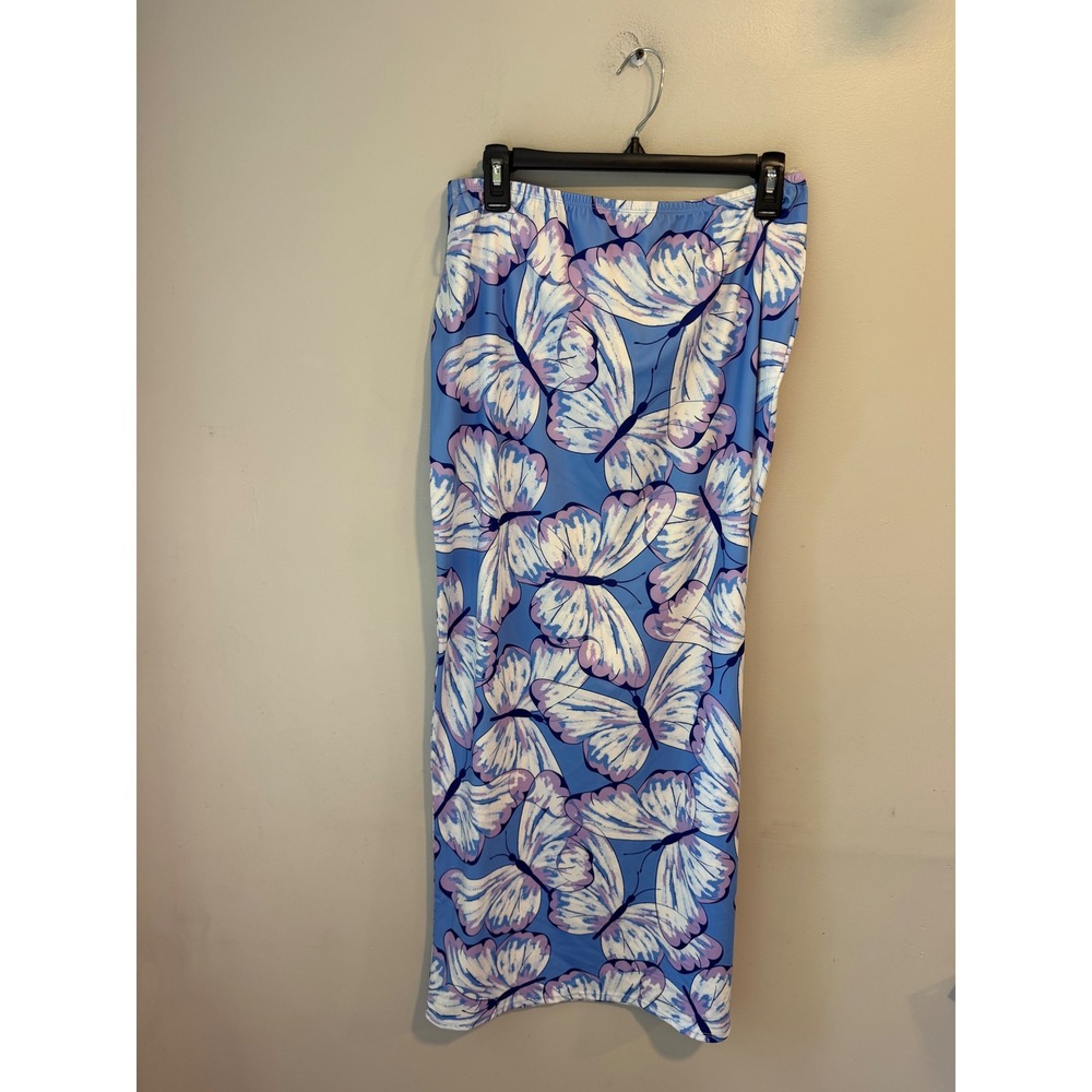 No Boundaries Womens XL Butterfly Print Midi Skirt Blue Purple Elastic Waist